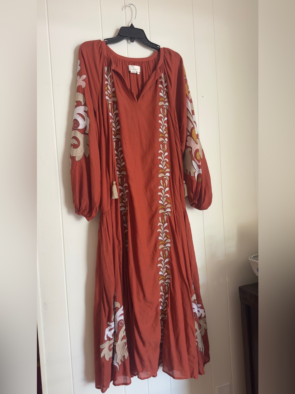 Anthropologie Justine Embroidered Midi Dress Rust Orange Boho Folk Prairie Dress